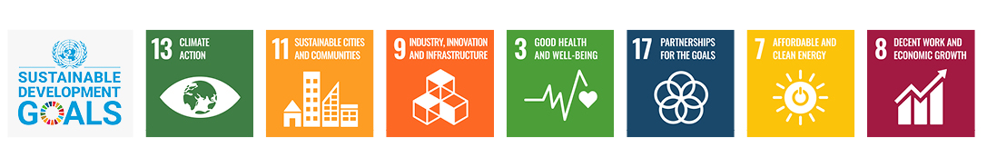 Sustainable Development Goals: 13 Azione per il clima, 11 Città e comunità sostenibili, 9 Industria, innovazione e infrastrutture, 3 Salute e benessere, 17 Partnership per gli obiettivi, 7 Energia pulita e accessibile, 8 Lavoro dignitoso e crescita economica